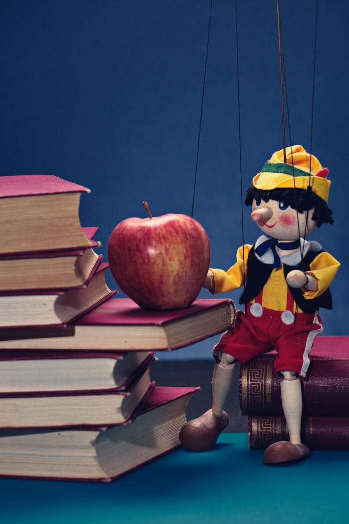 Charming marionette sits with books and an apple, evoking childhood wonder.